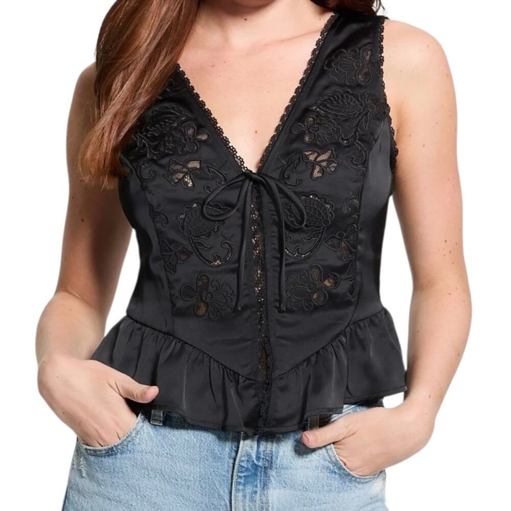 Guess Women’s Gia Tie Front Floral Embroidered Sleeveless Top Black Size L
